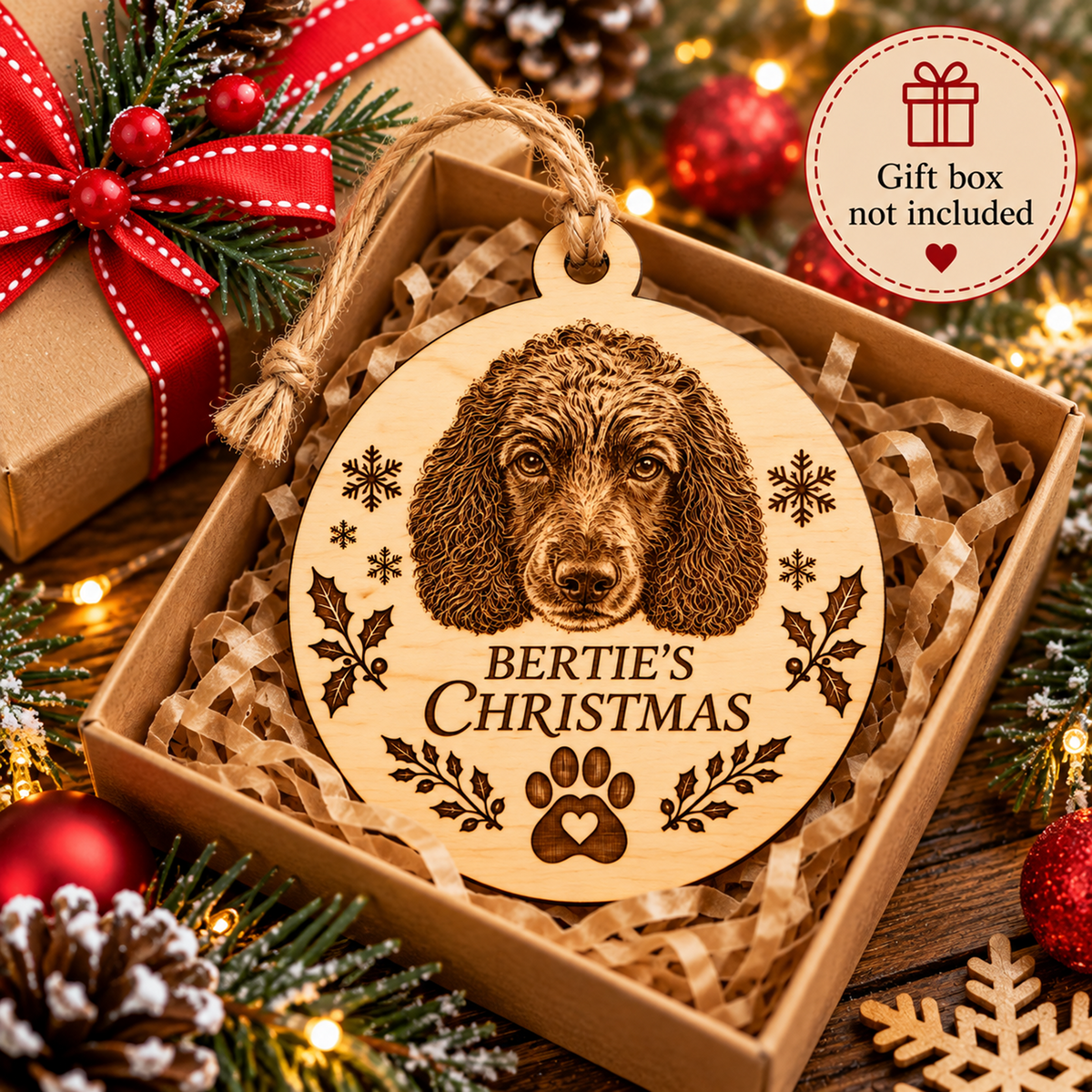 A round wooden Christmas ornament engraved with a dog portrait and the text 'BERTIE'S CHRISTMAS' with a paw print, displayed inside a kraft gift box with shredded paper. The scene is decorated with pine branches, red ornaments, and warm string lights, with a badge in the corner stating 'Gift box not included'.
