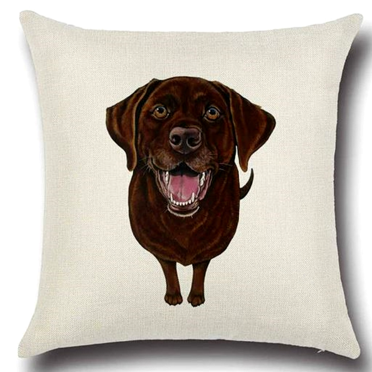 A square off-white linen throw pillow featuring a detailed illustration of a smiling chocolate Labrador Retriever dog on the front, set against a plain white background.