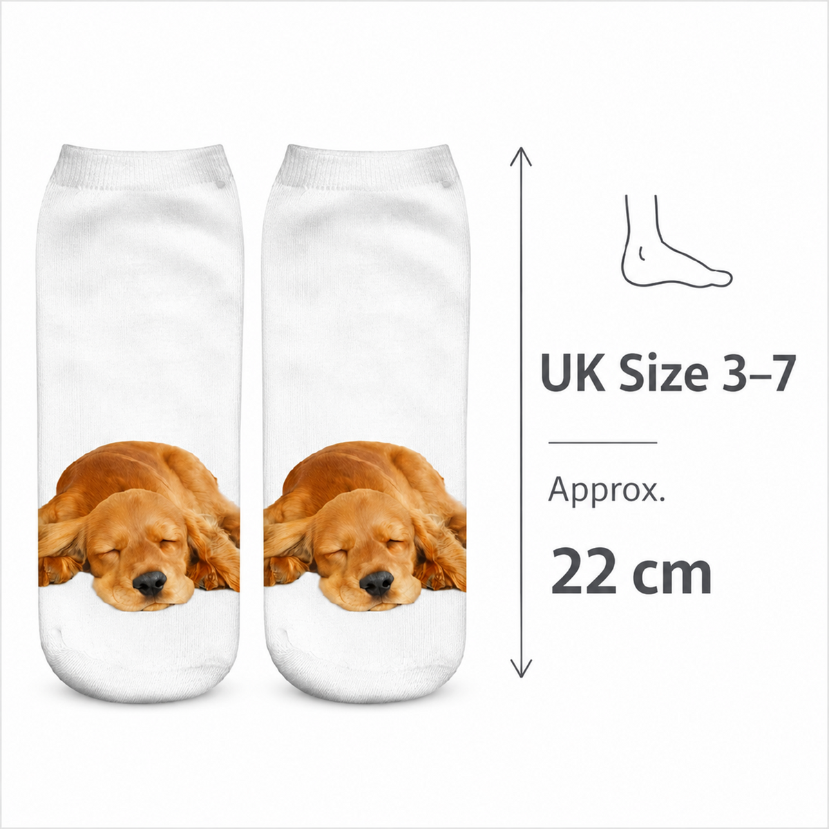 A pair of white ankle socks with a printed image of a sleeping Cocker Spaniel dog, shown next to a size measurement graphic indicating UK Size 3-7 and 22 cm length.