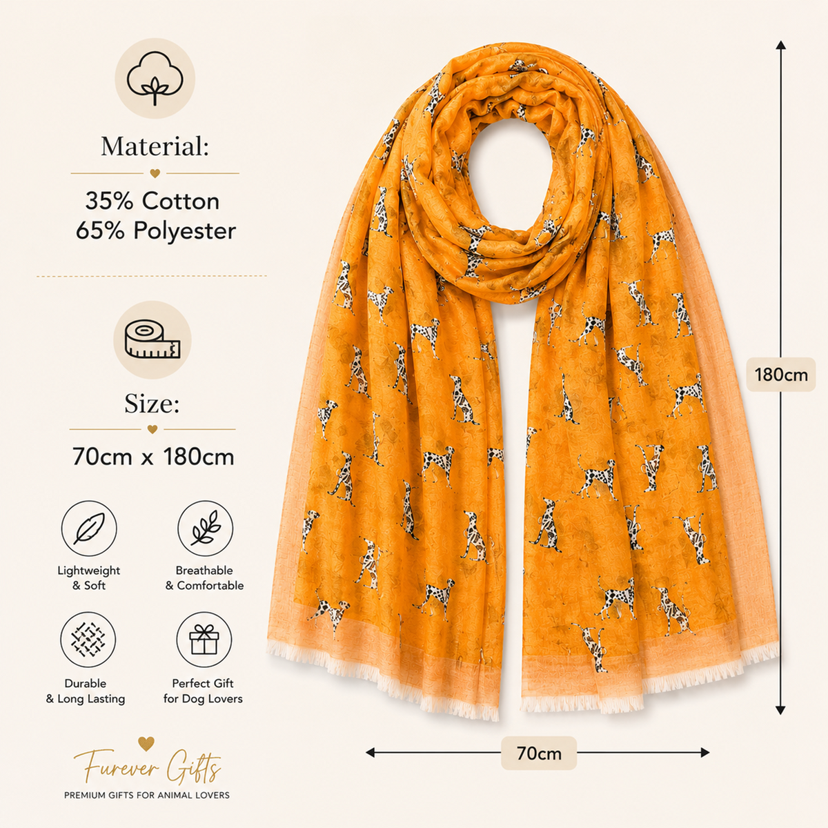An orange scarf with a black and white Dalmatian dog pattern, shown with dimension lines indicating a size of 180cm by 70cm. The image includes informational text detailing the material composition (35% Cotton, 65% Polyester), care instructions, and features, with the brand name 'Forever Gifts' at the bottom left.
