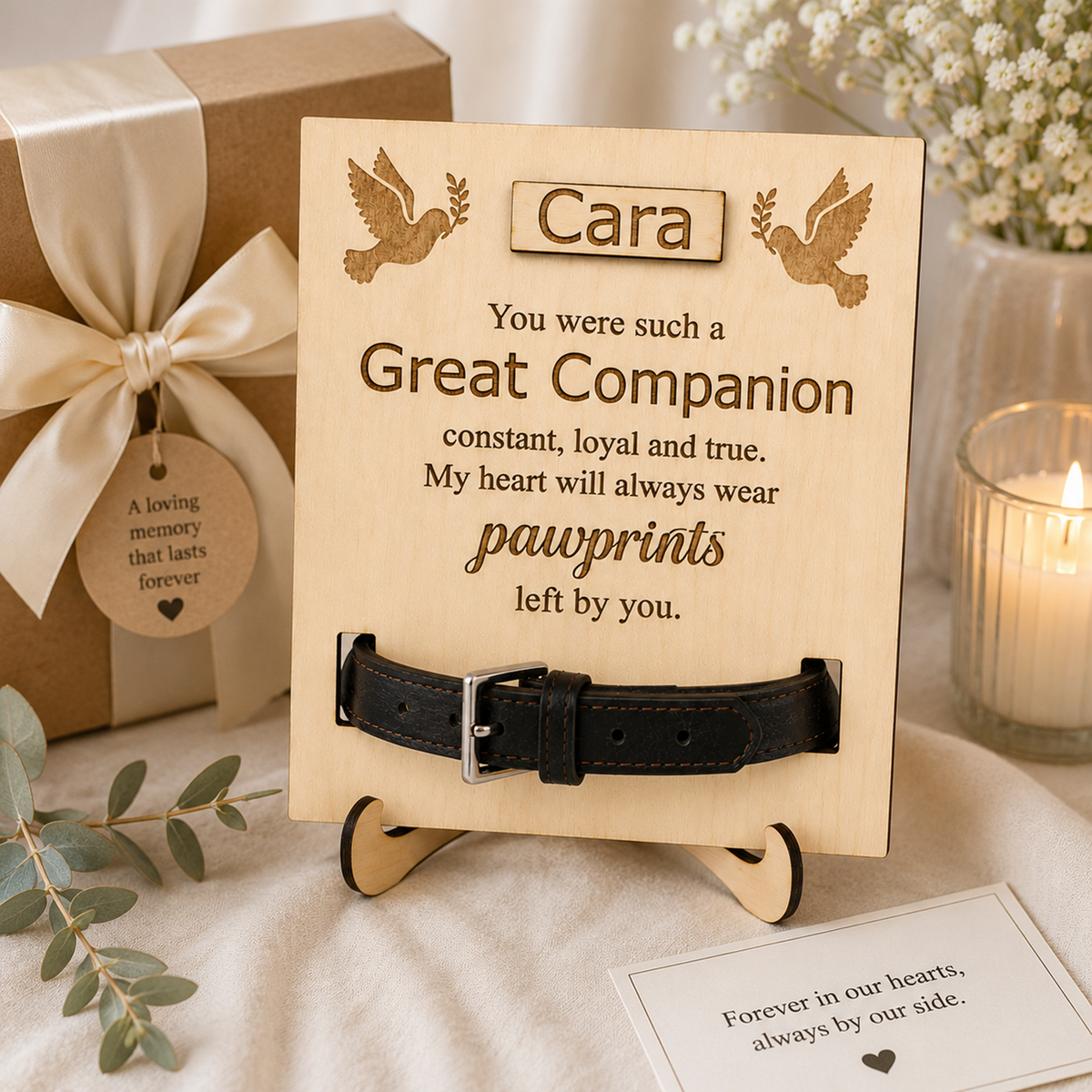 Personalised wooden memorial plaque engraved with a companion remembrance message, holding a black leather pawprint watch strap. The scene is styled with a brown gift box tied with a cream ribbon, a lit candle, eucalyptus leaves, and a small card on a soft fabric surface.