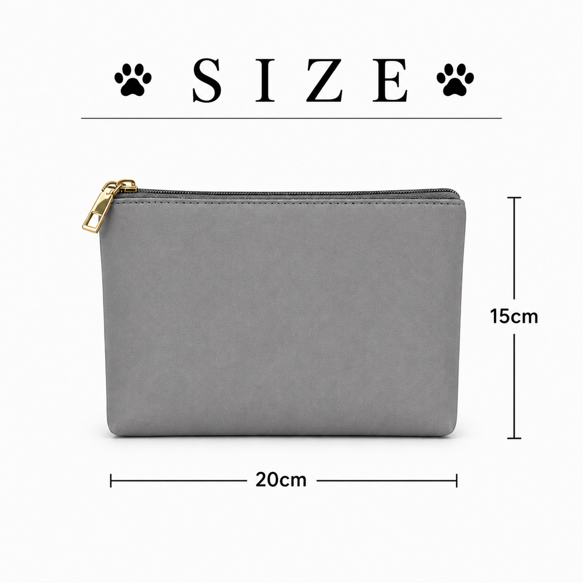 A zip cosmetic purse with a gold zipper pull shown on a white background with size annotations: 20cm width and 15cm height, under the heading SIZE with paw-print icons.
