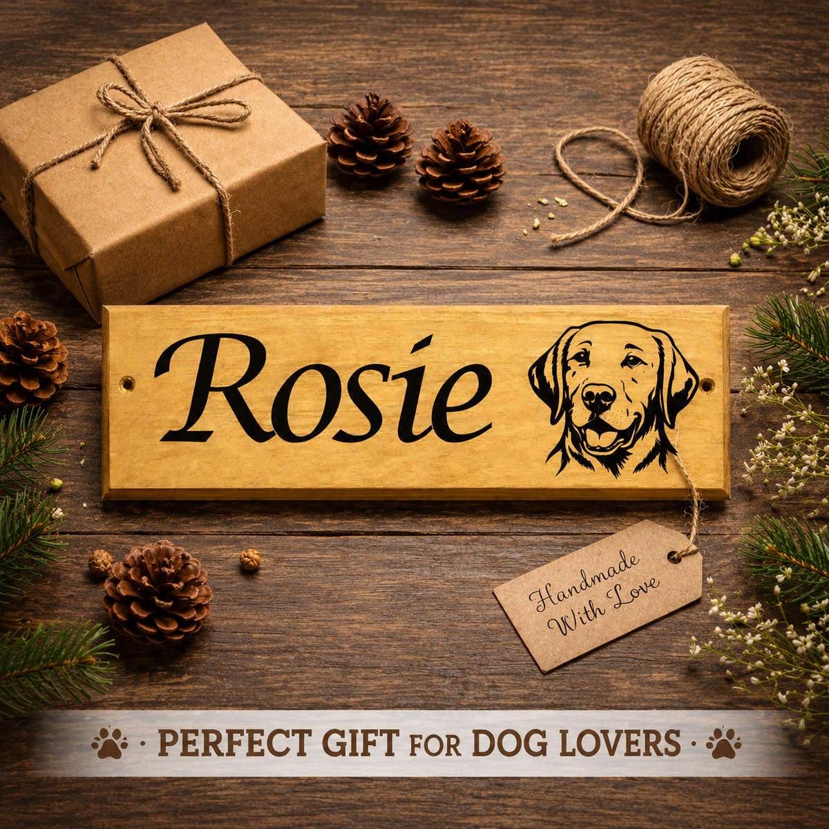 Personalised wooden dog kennel door sign engraved with the name 'Rosie' and a dog portrait, styled on a rustic wooden table with pinecones, twine, evergreen branches, and a wrapped gift box. A tag reads 'Handmade With Love' and a banner at the bottom says 'PERFECT GIFT FOR DOG LOVERS'.