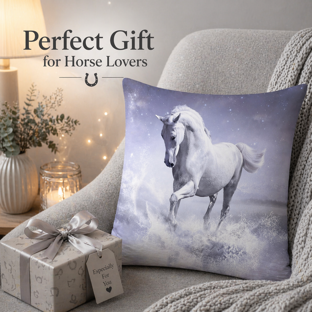 A square decorative cushion cover featuring a white arabian horse galloping through splashing water under a starry sky, styled on a grey armchair next to a wrapped gift box with the text 'Perfect Gift for Horse Lovers'.