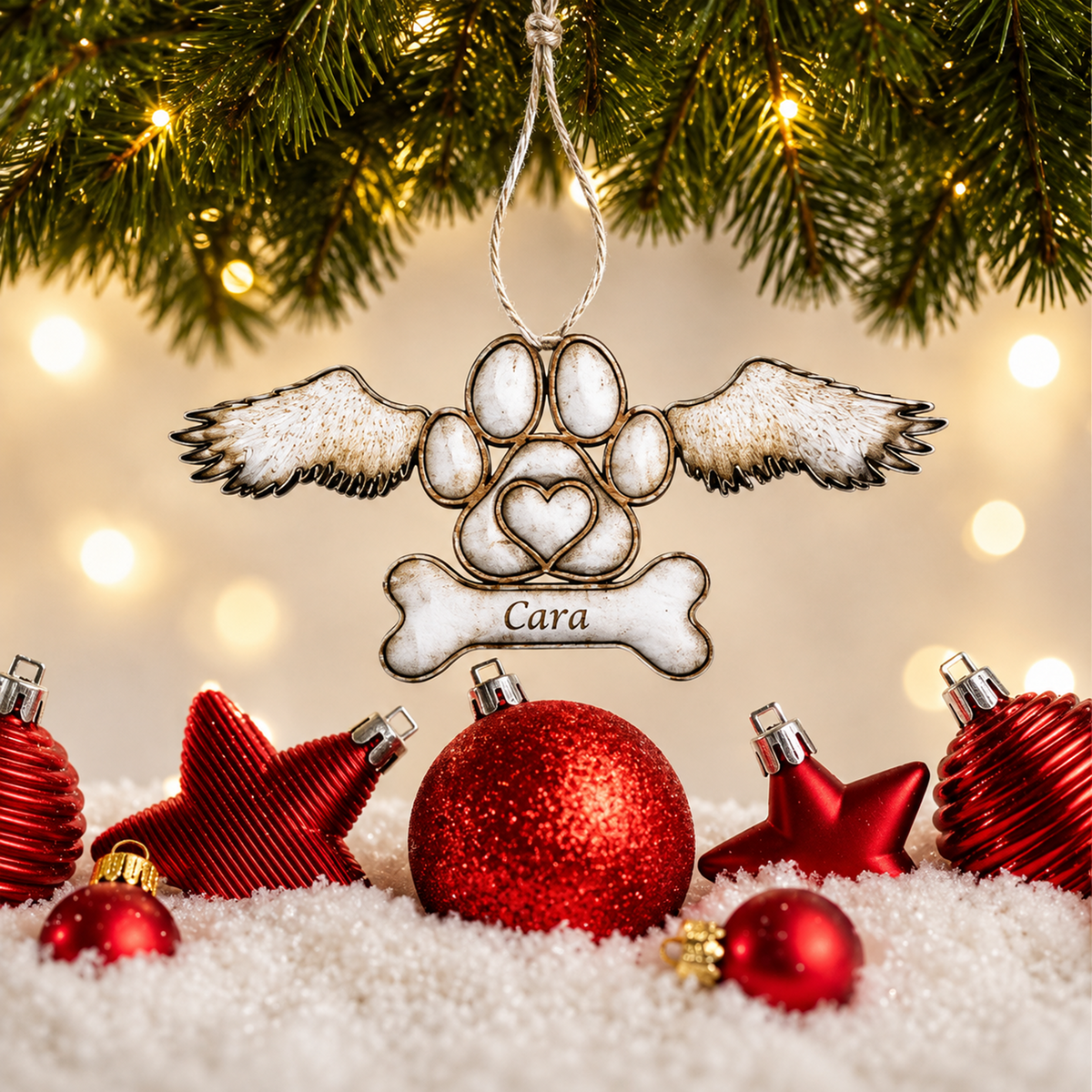 Personalised pet memorial decoration hanging as a Christmas remembrance ornament