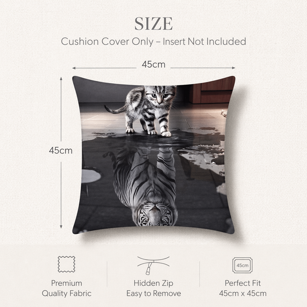 Size diagram for a square cushion cover showing a black-and-white photo of a kitten standing on a reflective surface with its reflection visible. Text reads 'SIZE' and 'Cushion Cover Only - Insert Not Included,' with dimensions marked as 45cm by 45cm.