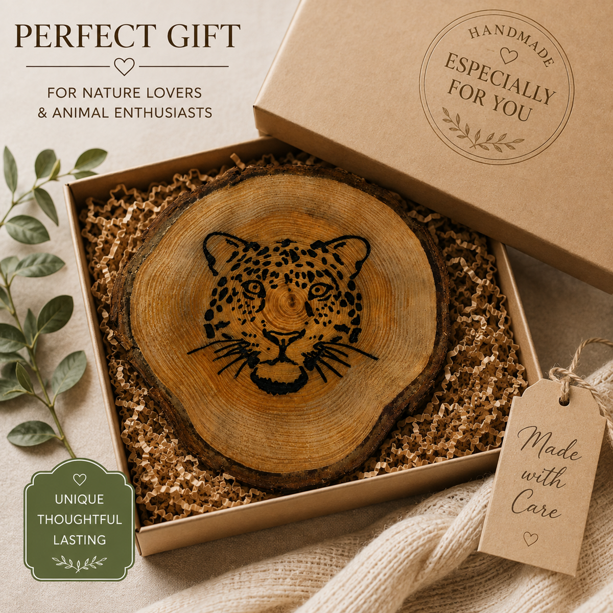 A leopard head carved onto a round wood slice coaster, presented in a kraft gift box with shredded paper filler. The gift box lid is shown beside it, along with promotional text and a small tag reading 'Made with Care'.