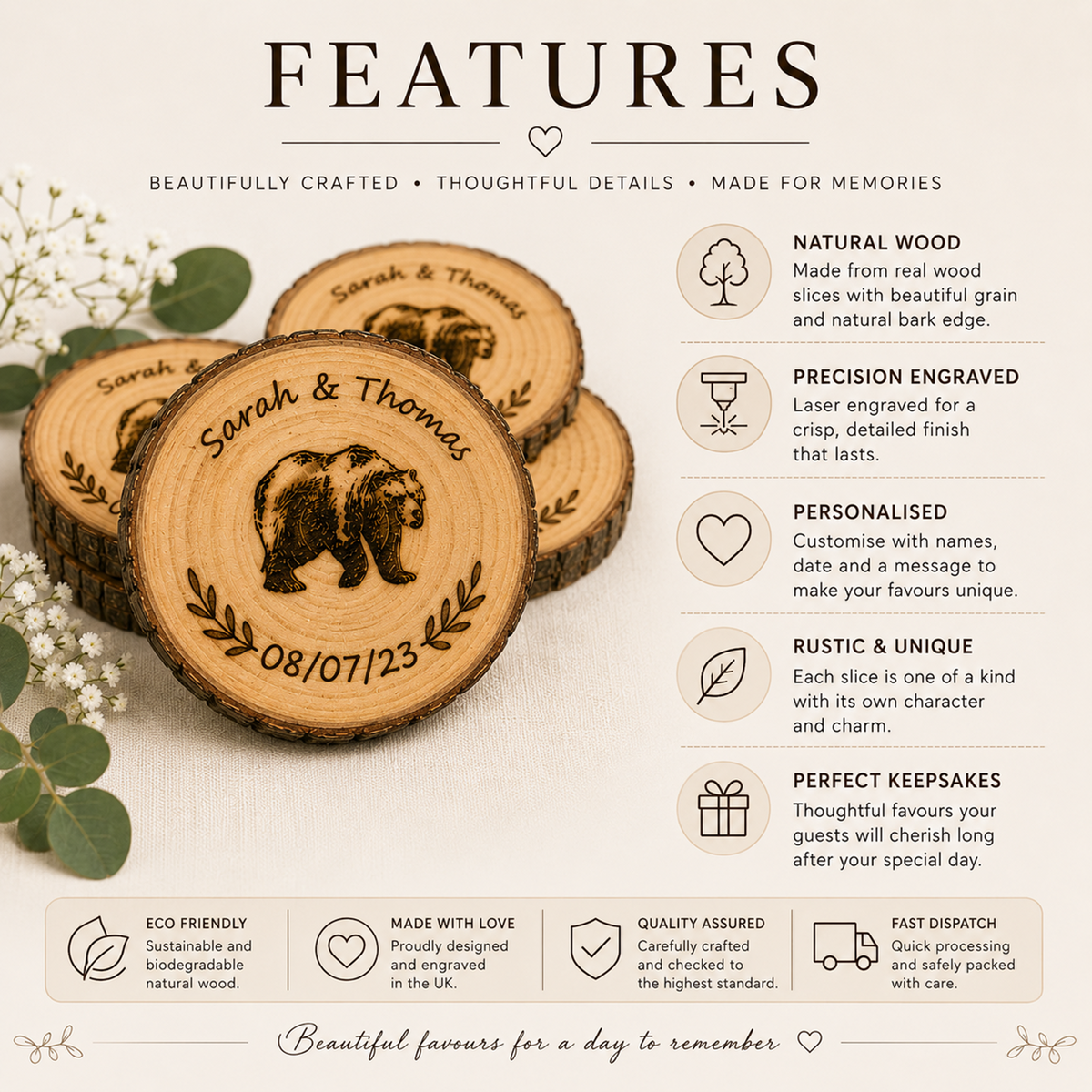 Personalised Wooden Wedding Favours – Engraved Wood Slice Keepsakes