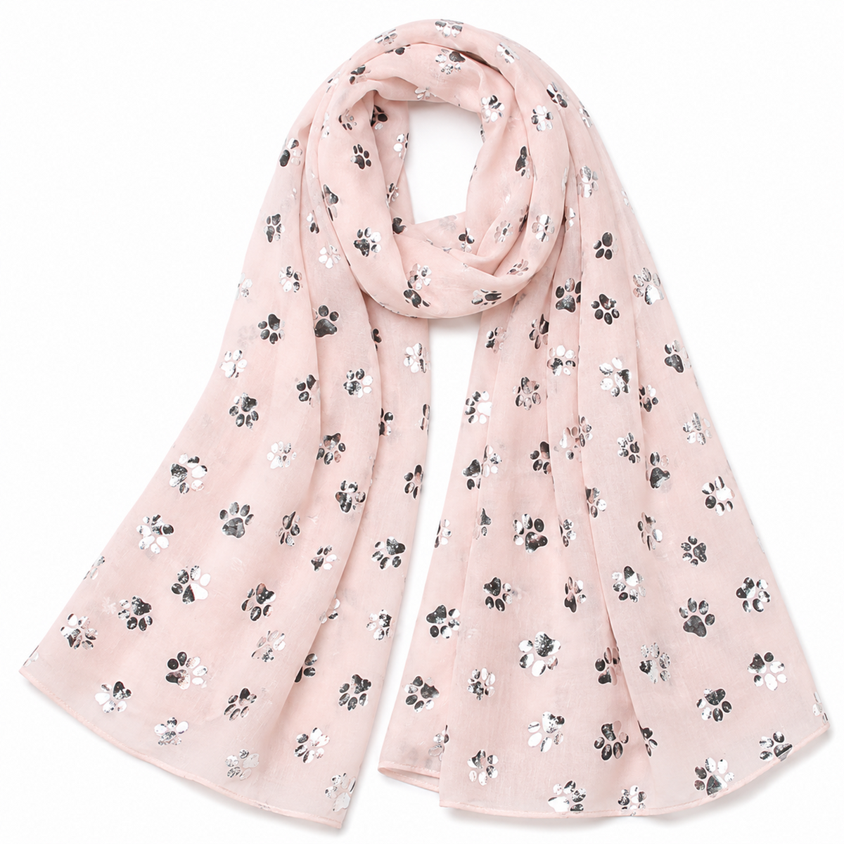 A light pink scarf with an all-over pattern of silver foil paw prints, draped in a loose loop against a plain white background.