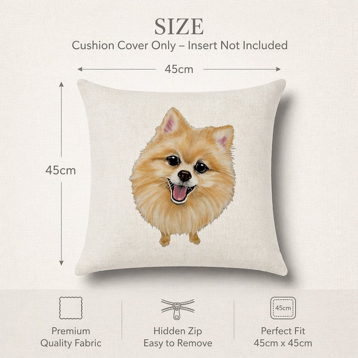 A square throw pillow cover shown on a light beige background with size annotations. The cover is off-white with a printed illustration of a fluffy golden Pomeranian dog.