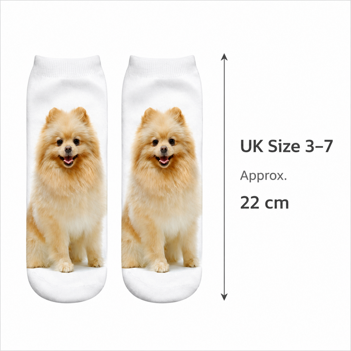 A pair of white ankle socks printed with a fluffy cream-colored Pomeranian dog, shown on a white background with a vertical measurement arrow and text reading 'UK Size 3-7 Approx. 22 cm'.