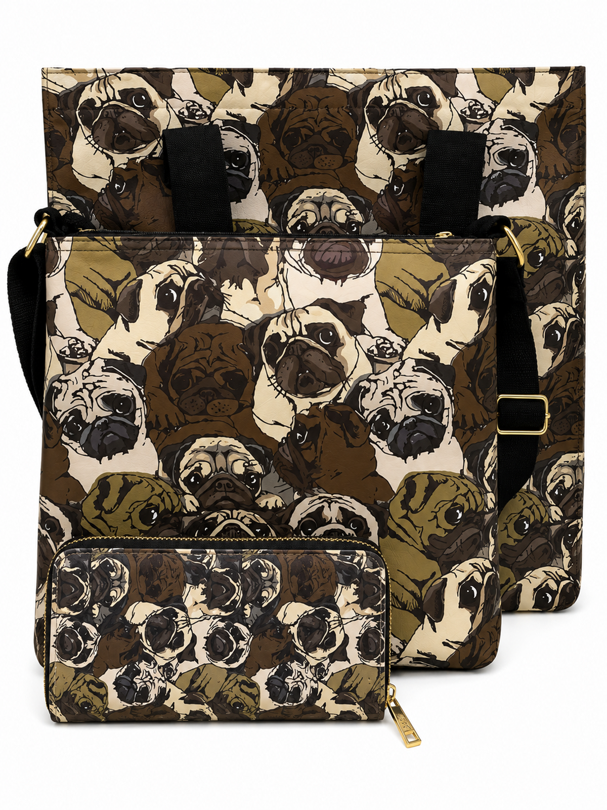 A matching crossbody bag and zippered pouch set featuring an all-over pug dog print in shades of brown, beige, and black, with black handles and gold-tone hardware.