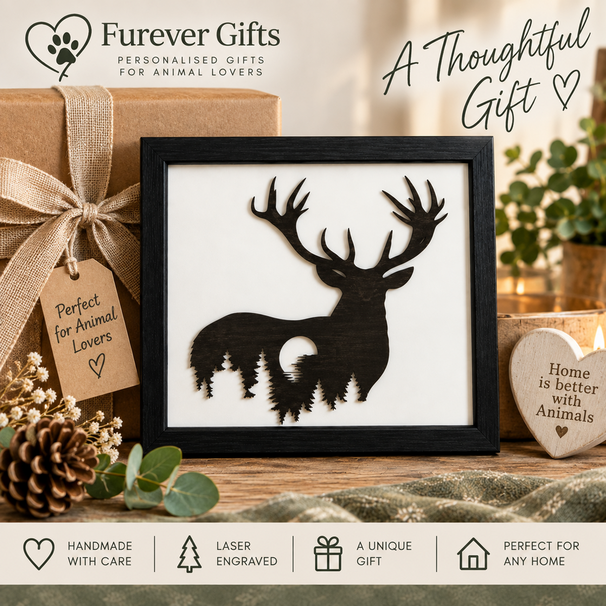 A framed laser-engraved wooden deer silhouette gift with a forest and moon design, displayed on a wooden surface with a wrapped gift box, pinecone, greenery, and decorative text overlays from Forever Gifts.