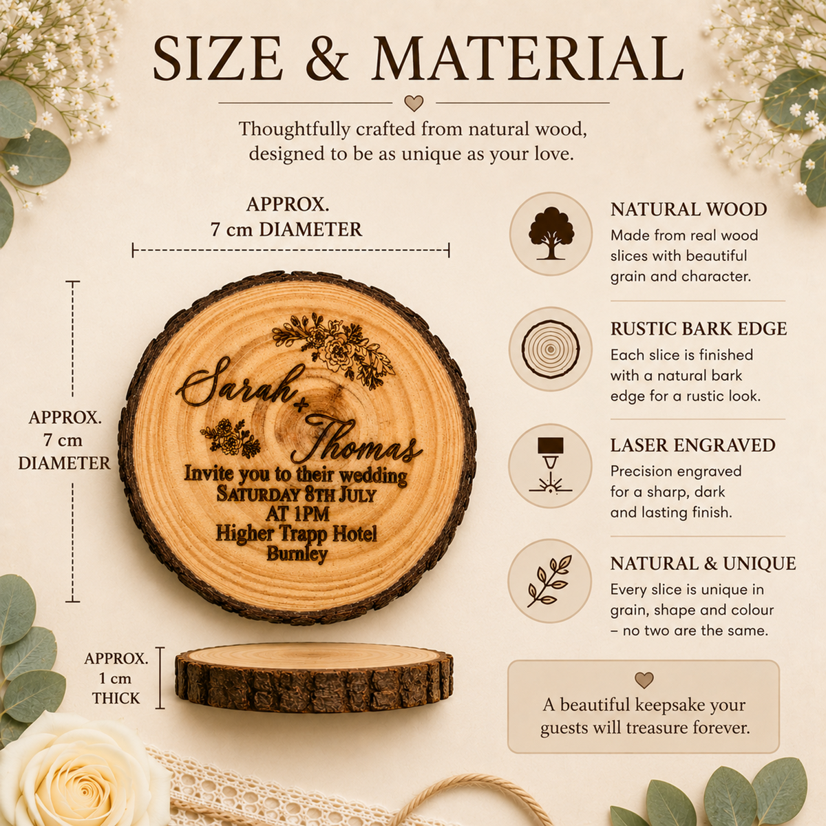 A product infographic for a personalised wooden wedding slice coaster. The main product is a round natural wood slice engraved with names and date, shown alongside a smaller view of the wood slice's thickness.
