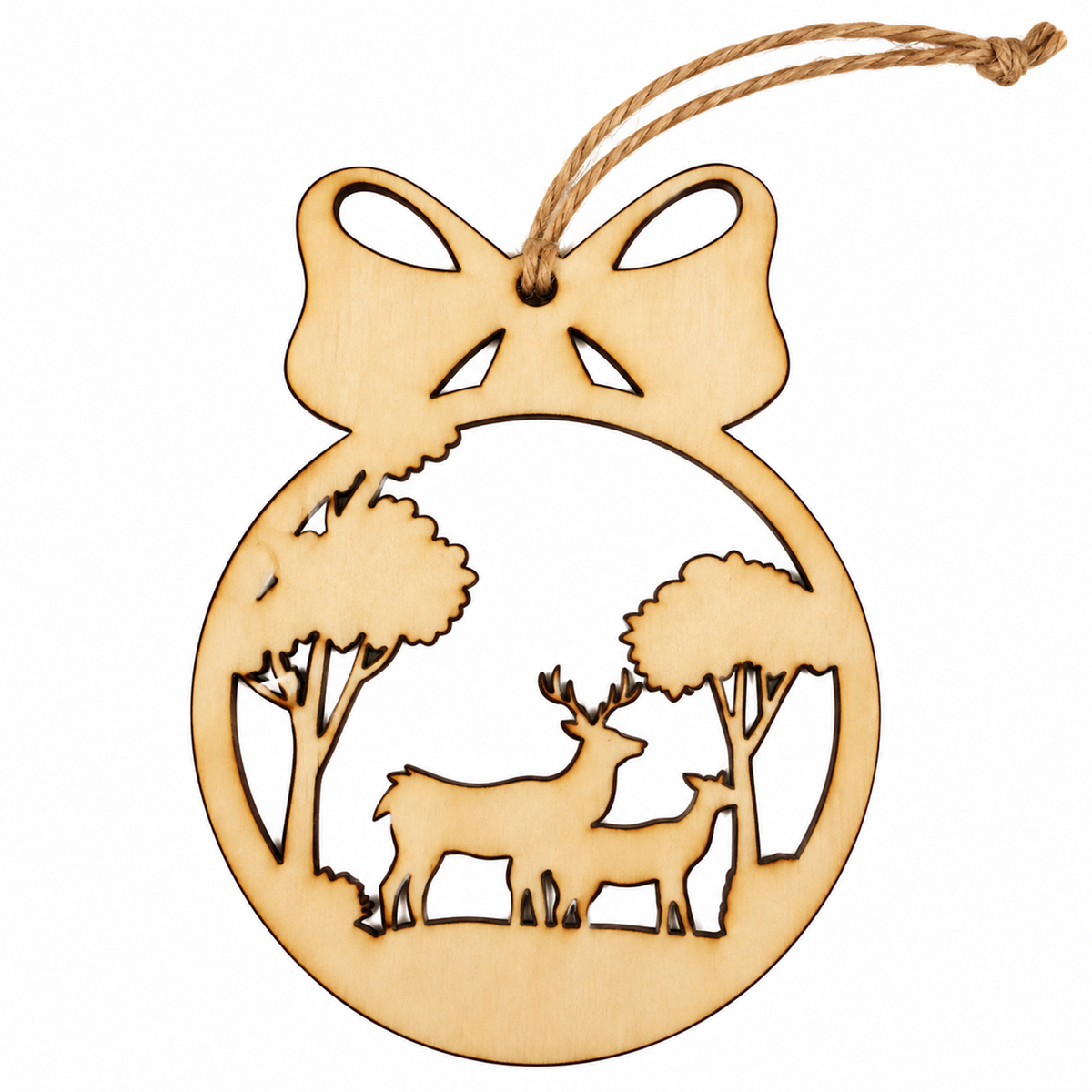 A round wooden ornament with a laser-cut deer and trees design, featuring a hanging loop at the top, shown on a plain white background.