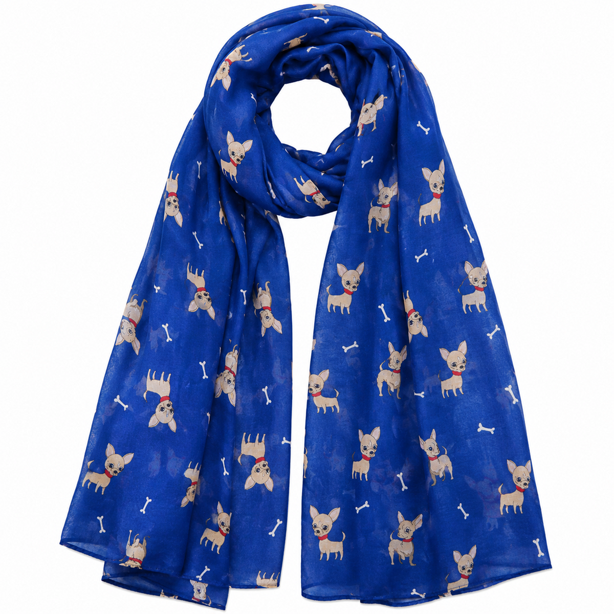 A royal blue scarf featuring a repeating pattern of small beige Chihuahua dogs wearing red collars and white bone motifs, displayed on a clean white background.