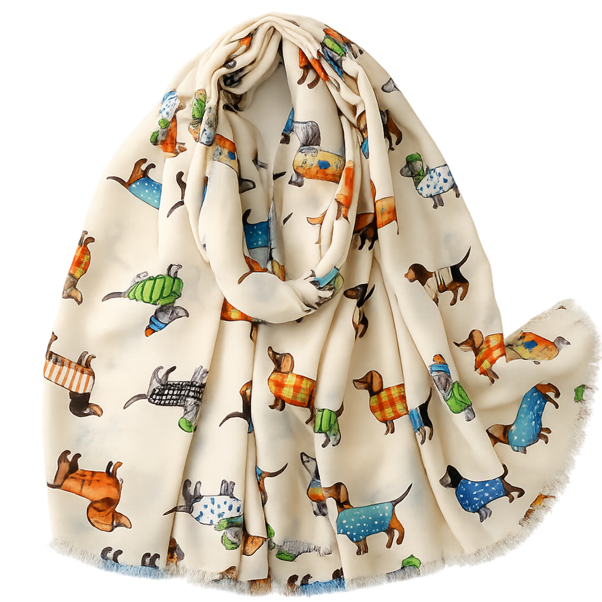 A cream-colored scarf with a playful print of dachshunds wearing colorful sweaters, shown draped on a clean white background.