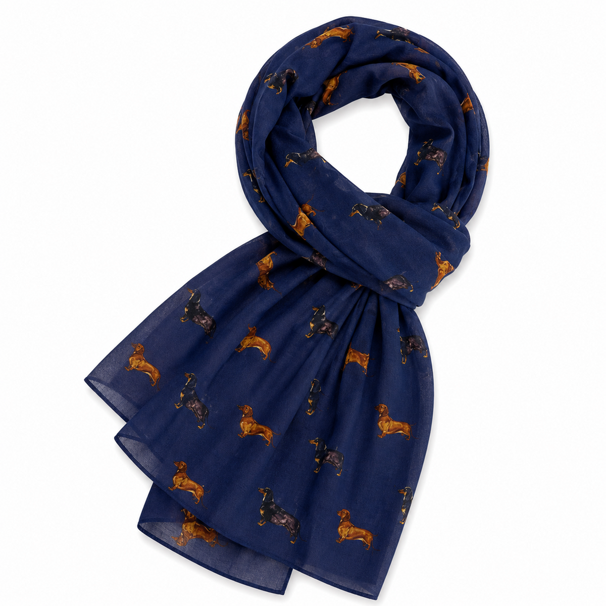 A navy blue scarf with an allover print of dachshund dogs in brown, black, and tan, arranged in a loop on a plain white background.