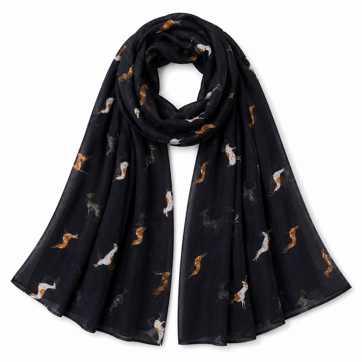 A navy lightweight scarf with an all over print of greyhound whippet dogs in white, brown, and grey, displayed on a clean white background.