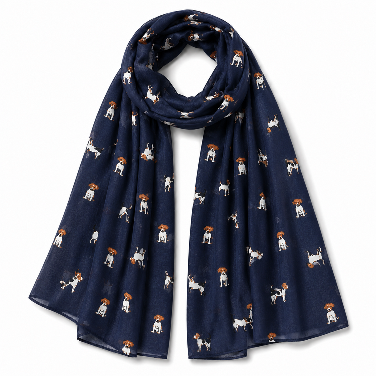 A navy blue scarf with a repeating pattern of small Jack Russell terrier dogs with orange-brown ears, shown on a plain white background.