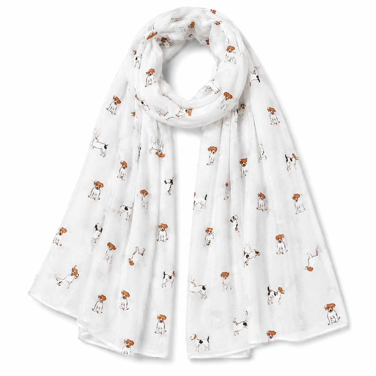 White scarf with Jack Russell terrier dog pattern on a white background