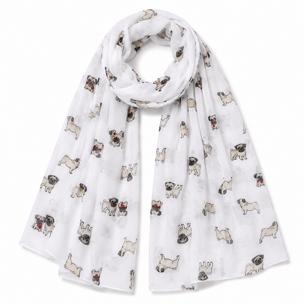A lightweight white scarf featuring an all-over print of small pug dog illustrations, shown draped against a plain white background.