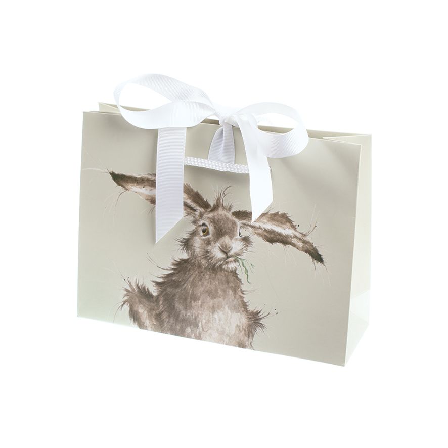 Gift bag with a rabbit illustration and white ribbon on a white background