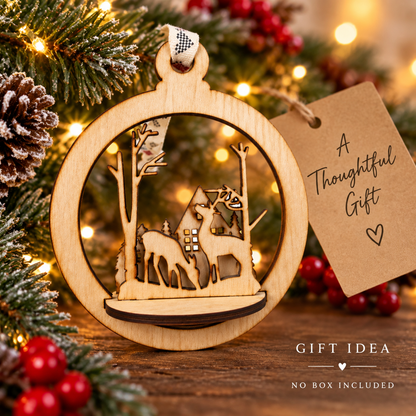 A round laser-cut wooden ornament hanging from a string, featuring a winter scene with deer, trees, and a small house. A kraft gift tag reads 'A Thoughtful Gift' and the scene is styled with pine branches, fairy lights, and red berries on a wooden surface.