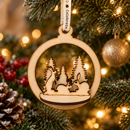 A round wooden Christmas ornament featuring laser-cut rabbits and trees, hanging from a printed ribbon on a decorated Christmas tree with warm bokeh lights.