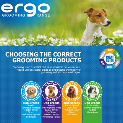 Dog grooming product guide with a dog in a field, featuring the Ergo Grooming Range brand.