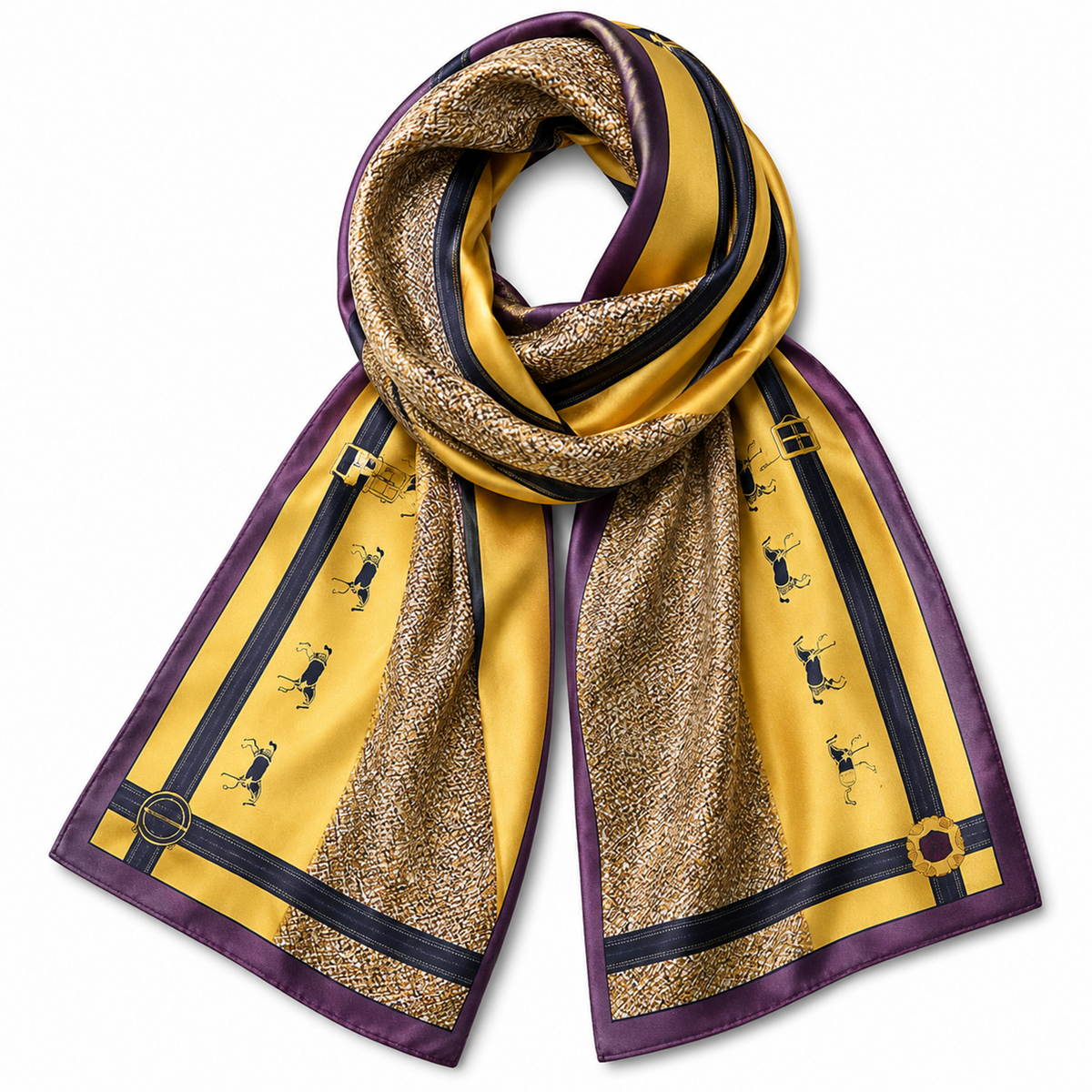 Equestrian Horse Belt Square Scarf in Brown, Gold and Mustard.