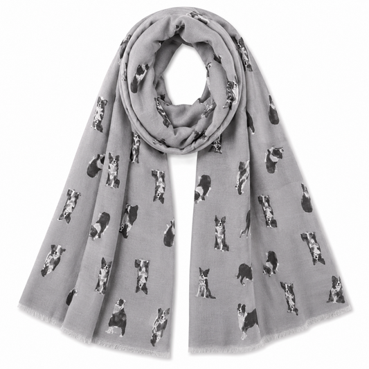 Black & White Border Collie Lightweight Dog Scarf in Grey