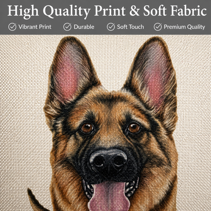 Close-up of a German Shepherd dog portrait printed on soft textured fabric, with a dark gray banner at the top reading 'High Quality Print & Soft Fabric' and feature callouts including 'Vibrant Print,' 'Durable,' 'Soft Touch,' and 'Premium Quality.'.