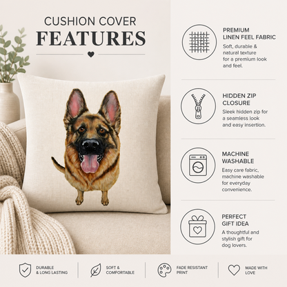 A beige cushion cover featuring a printed German Shepherd dog, shown in a home setting next to a knit blanket. The right side of the image contains a feature list with icons and text highlighting premium linen feel fabric, hidden zip closure, machine washability, and gift idea appeal.