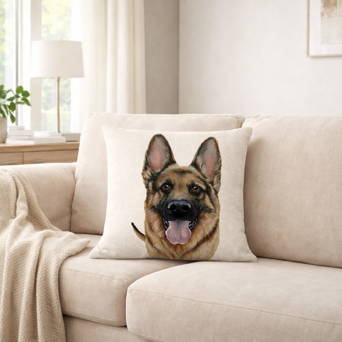 A square throw pillow featuring a printed portrait of a German Shepherd dog, resting on a beige fabric sofa in a bright, modern living room.