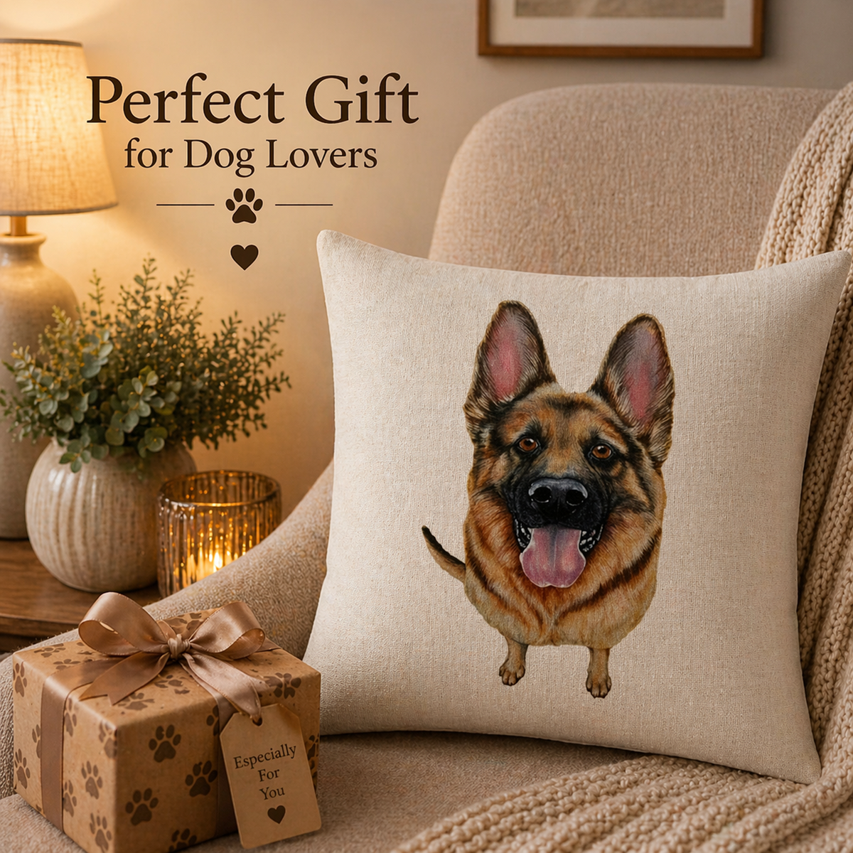 A square beige throw pillow featuring a printed illustration of a German Shepherd dog, styled on a cozy armchair next to a wrapped gift box with paw-print accents. Text on the image reads 'Perfect Gift for Dog Lovers'.