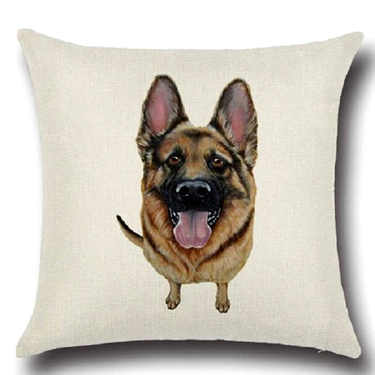 A square throw pillow featuring a printed portrait of a German Shepherd dog, resting on a beige fabric sofa in a bright, modern living room.