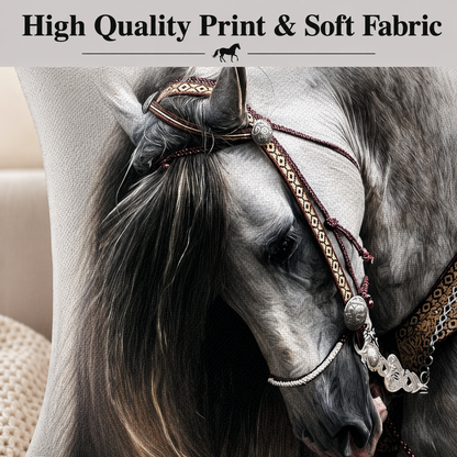 Close up of a decorative cushion cover with an andalusian horse design on a grey background.