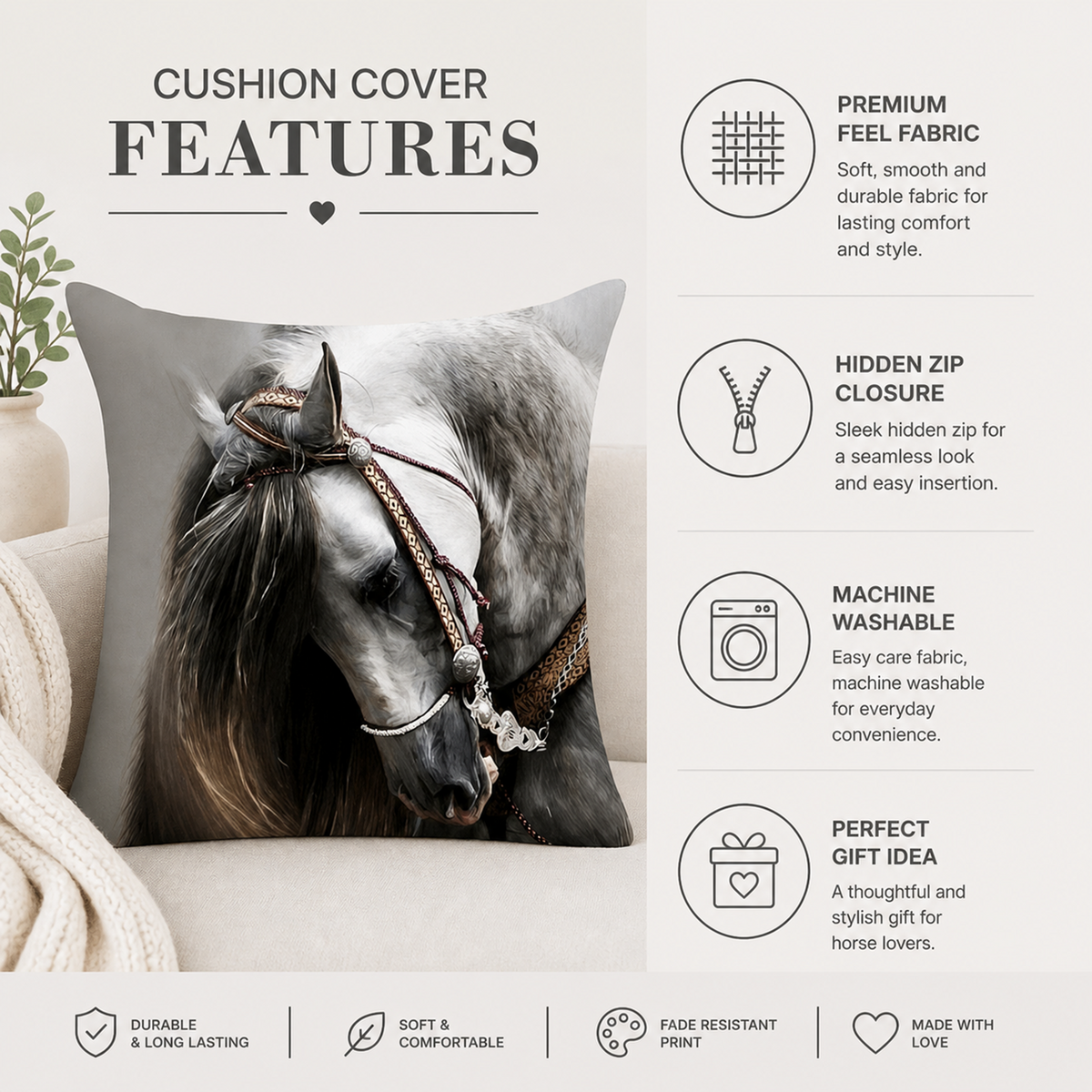 A cushion cover featuring a detailed andalusian horse design, displayed on a beige sofa with promotional text highlighting its premium feel fabric, hidden zip closure, machine washability, and gift-ready presentation.