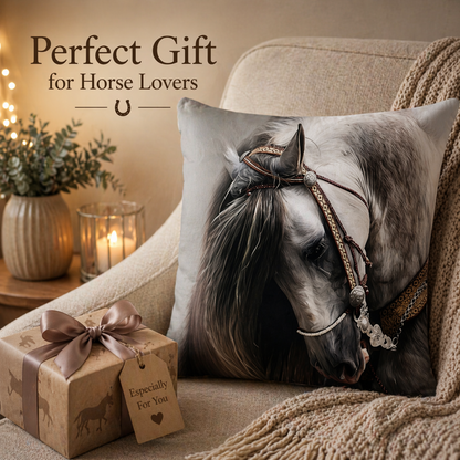 A square cushion cover featuring a realistic greyscale andalusian horse portrait with a bridle, styled on a beige armchair with a knitted blanket. A wrapped gift box with a tag reading 'Especially For You' sits beside it, and the text 'Perfect Gift for Horse Lovers' appears in the upper left.