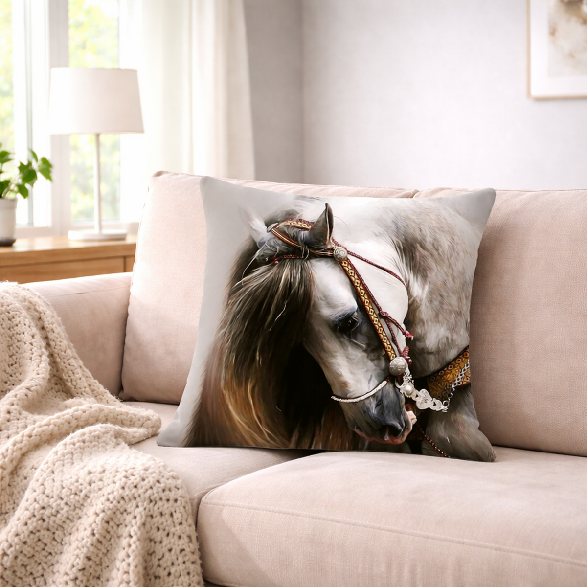 Decorative cushion cover with an andalusian horse design on a grey background on a cream sofa.
