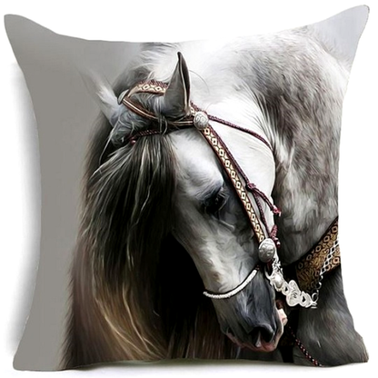 Decorative cushion cover with an andalusian horse design on a grey background