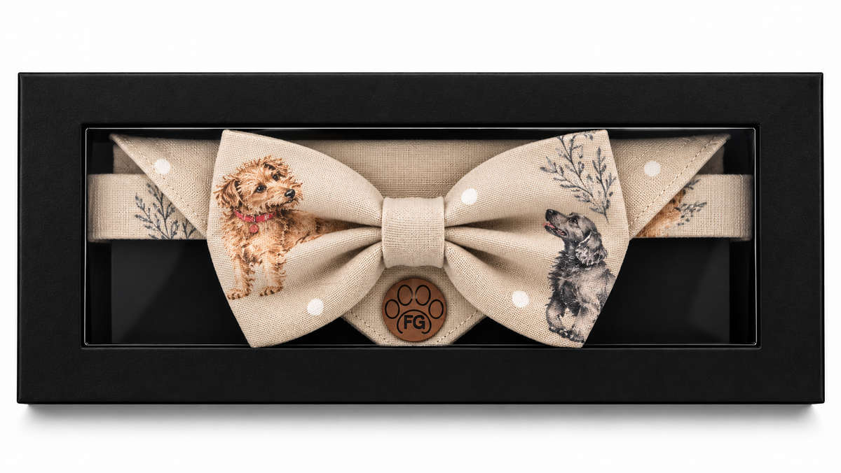A beige fabric bow tie displayed inside a black rectangular presentation box. The bow tie features printed dog illustrations, white polka dots, and a central round wooden medallion with a paw print and the initials 'FB'.
