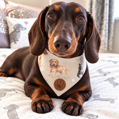 A dachshund lying on a bed wearing a cream bandana with dog illustrations, including a dachshund, rabbit, and paw print.