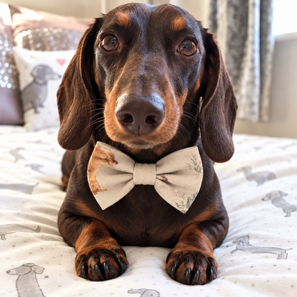 A dachshund lying on a bed wearing a cream-colored bow tie with a dog print, set against a cozy bedroom background with dog-themed pillows.
