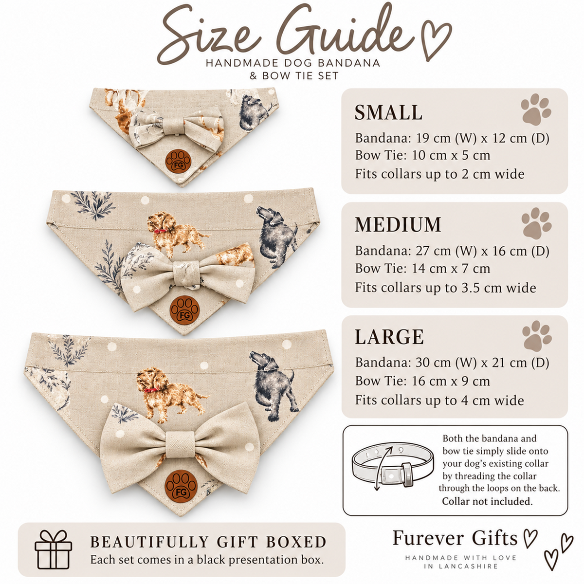 Size guide infographic for a handmade dog bandana and bow tie set, showing Small, Medium, and Large sizes with dimensions, illustrations of dogs and cats on the beige patterned bandanas, and a note about gift boxing by Farewell Gifts.