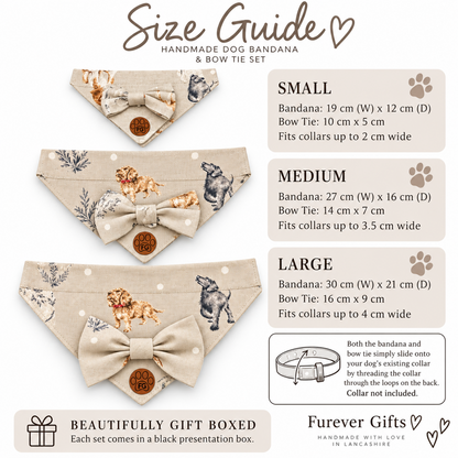Size guide infographic for a handmade dog bandana and bow tie set, showing Small, Medium, and Large sizes with dimensions, illustrations of dogs and cats on the beige patterned bandanas, and a note about gift boxing by Farewell Gifts.