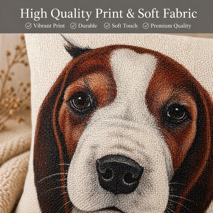 Close-up of a textured fabric cushion cover featuring a detailed embroidered or woven basset hound face in brown, white, and black. A dark grey banner at the top reads 'High Quality Print & Soft Fabric' with feature checkmarks, and a beige knit blanket is partially visible on the left.