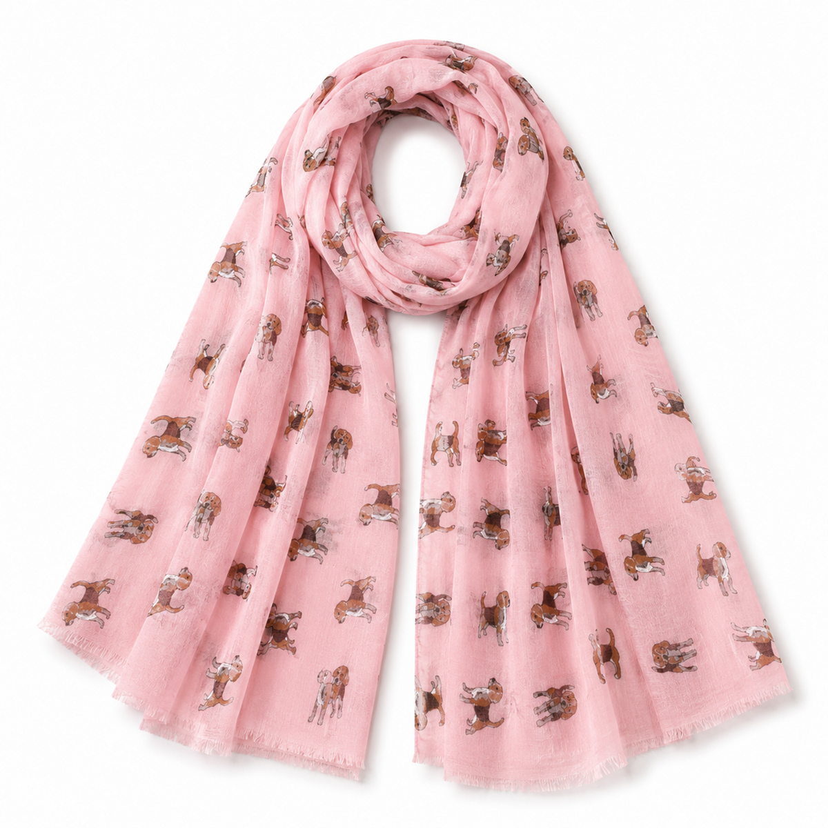 A light pink scarf with a repeating print of Beagle dog illustrations, styled in a loop on a plain white background.