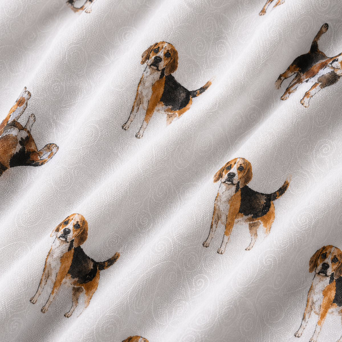 White fabric with a repeating print of beagle dogs in tan, brown, and black, with a subtle light gray swirl pattern in the background.